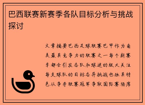 巴西联赛新赛季各队目标分析与挑战探讨